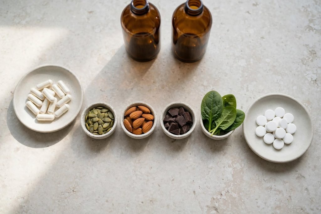 Magnesium glycinate capsules and magnesium citrate tablets side by side with leafy greens, nuts, and seeds