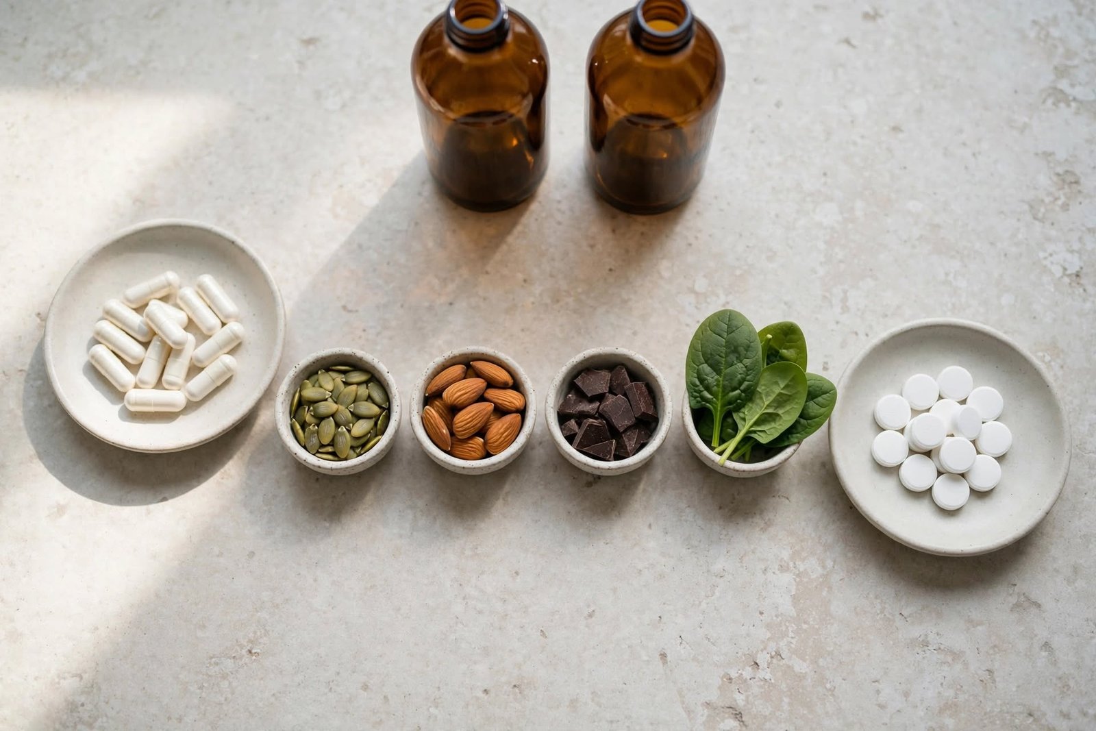 Magnesium glycinate capsules and magnesium citrate tablets side by side with leafy greens, nuts, and seeds