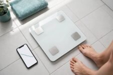 Smart bathroom scale on a tiled floor next to a smartphone showing a body composition trend chart