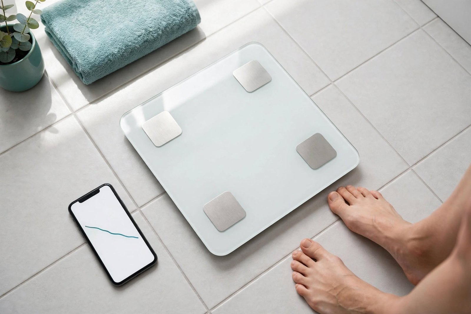 Smart bathroom scale on a tiled floor next to a smartphone showing a body composition trend chart