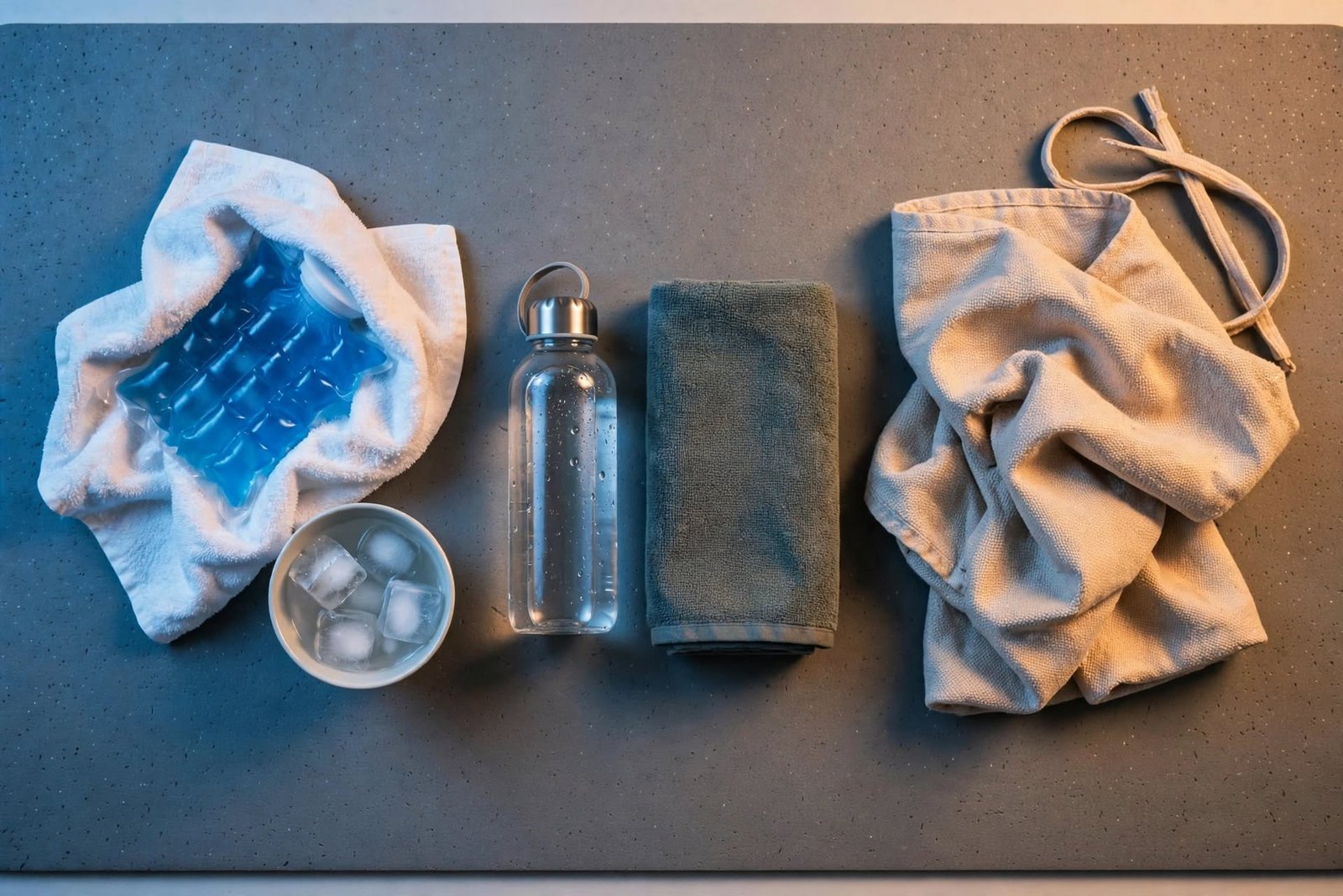 Ice pack wrapped in a towel next to a heating pad on a workout mat