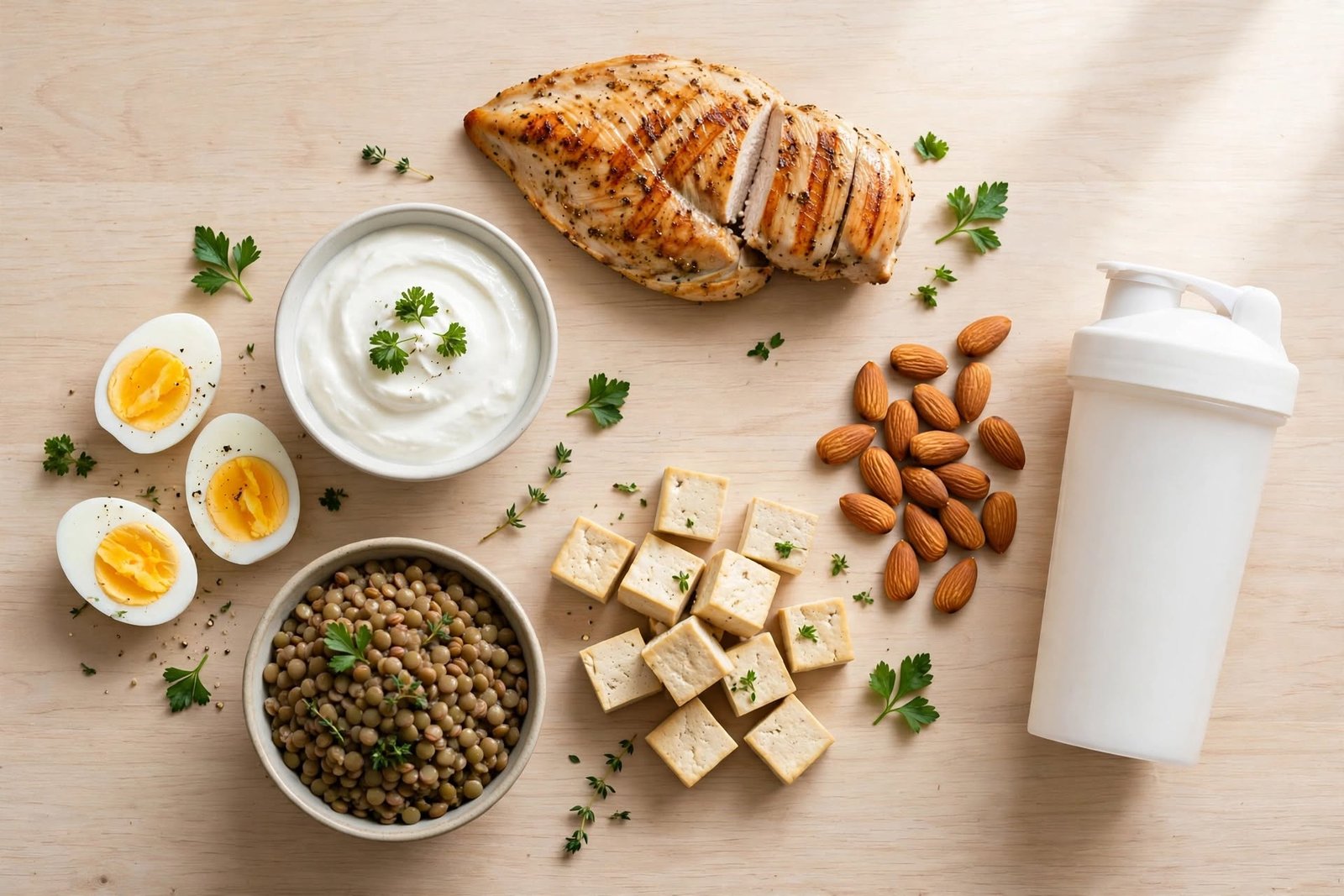 High-protein foods including chicken, eggs, Greek yogurt, lentils, and tofu arranged on a kitchen counter