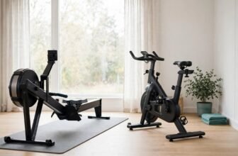Rowing machine and exercise bike side by side in a bright home gym