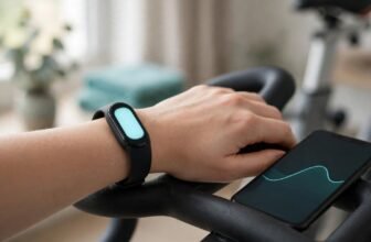 Fitness tracker on a wrist next to a smartphone showing activity trends during a workout