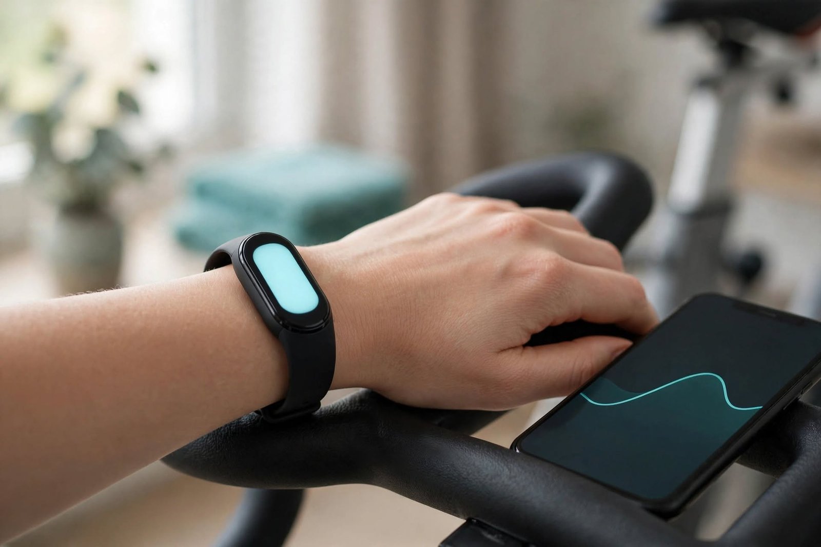 Fitness tracker on a wrist next to a smartphone showing activity trends during a workout