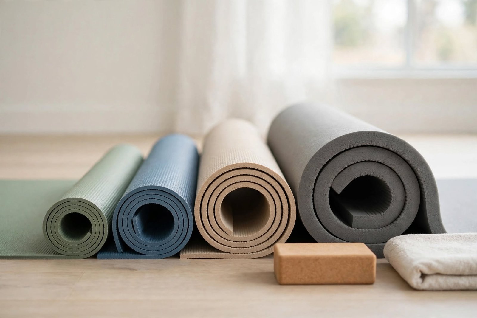 Several yoga mats of different thicknesses stacked side by side on a wooden floor