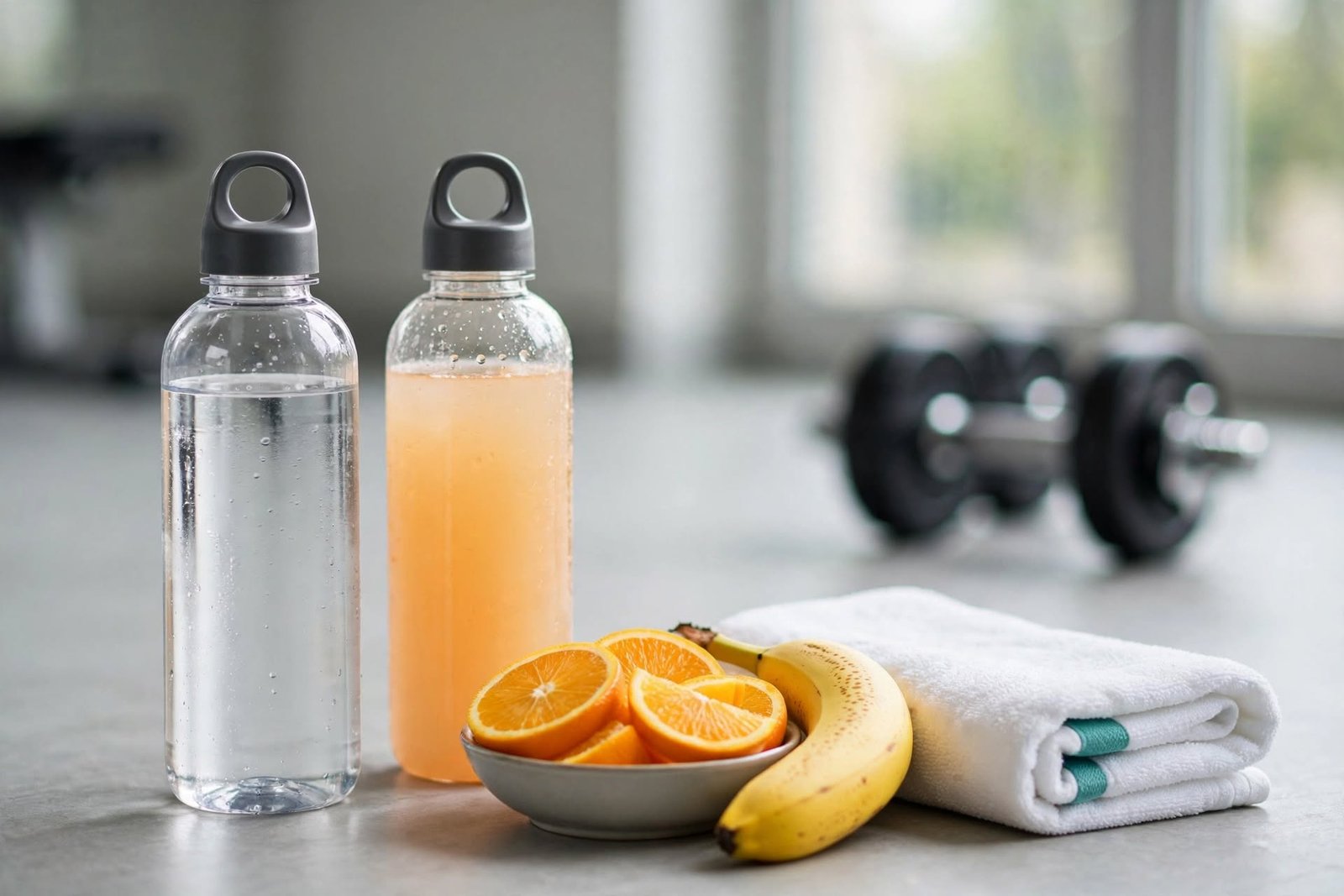 Water bottle and electrolyte drink on a gym floor next to a towel after a workout